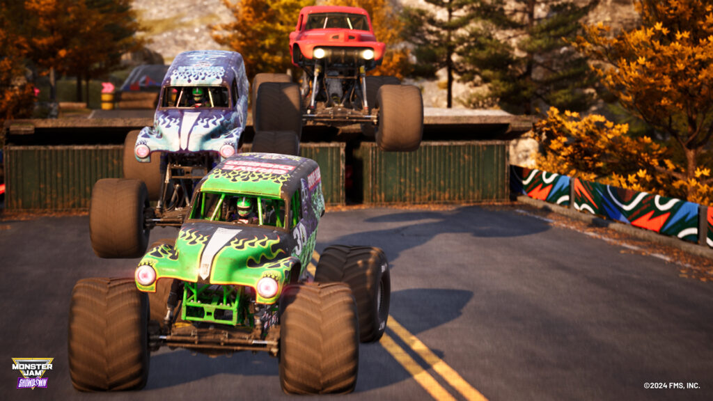 Monster truck crushing a row of cars